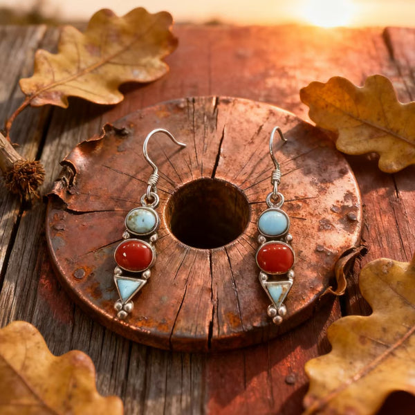 Handmade Bohemian 925 Sterling Silver Multi-Gemstone Drop Earrings with Turquoise and Red Agate Accents
