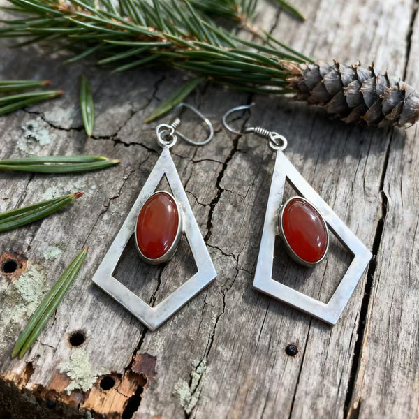 Handmade Bohemian 925 Sterling Silver Geometric Drop Earrings with Red Agate Accents