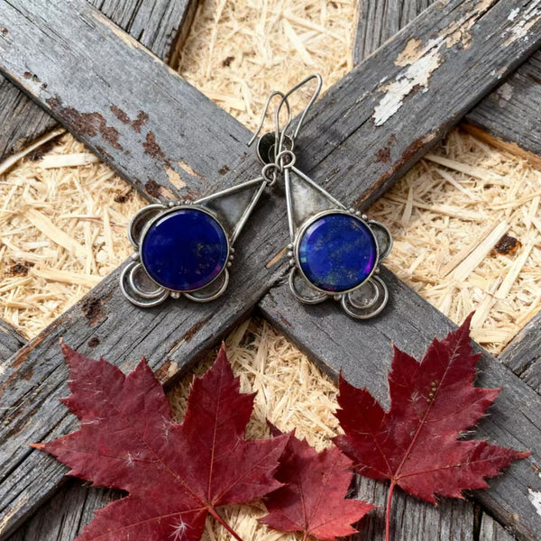 Handmade Bohemian 925 Sterling Silver Art Deco Drop Earrings with Lapis Lazuli Accents
