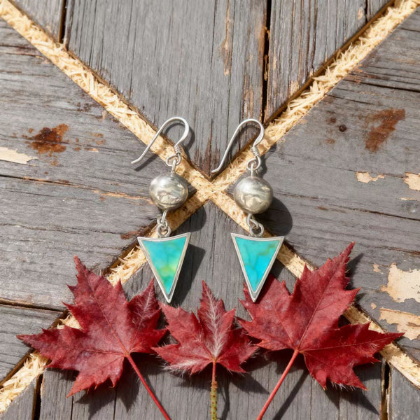 Handmade Navajo Style 925 Sterling Silver Geometric Drop Earrings with Turquoise Accents