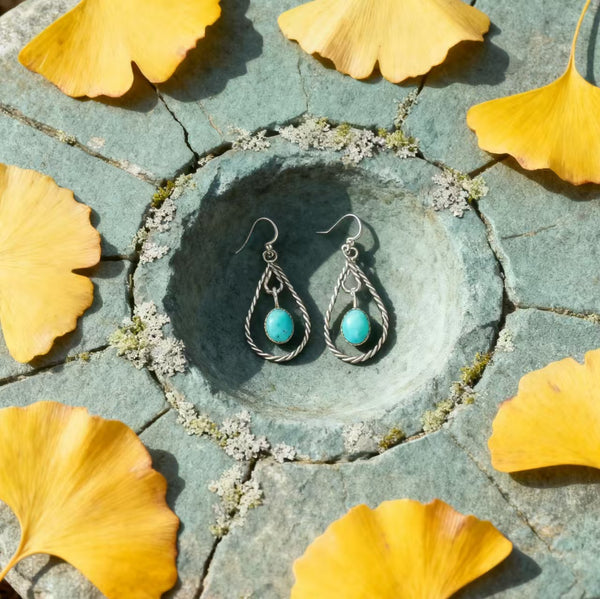 Handmade Navajo Style 925 Sterling Silver Rope Teardrop Dangle Earrings with Turquoise Accents
