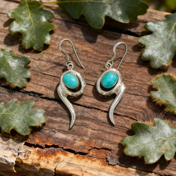 Handmade Navajo Style 925 Sterling Silver Organic Curved Dangle Earrings with Turquoise Accents