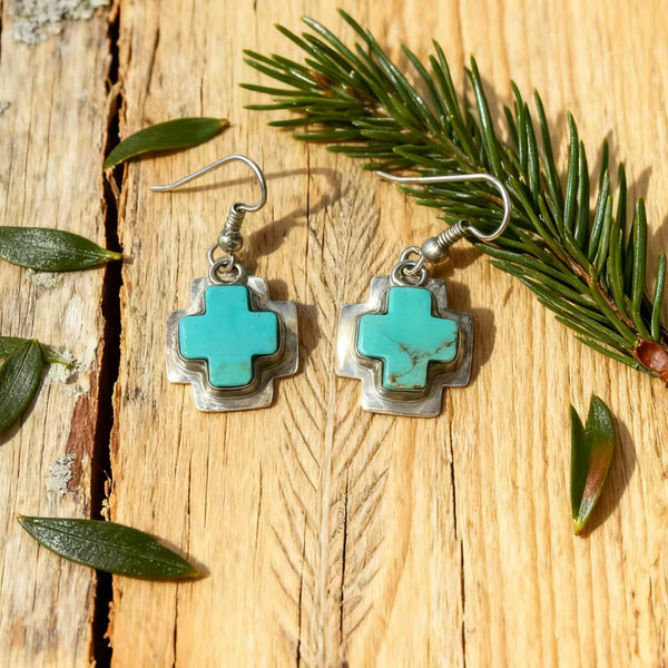 Handmade Navajo Style 925 Sterling Silver Cross Dangle Earrings with Turquoise Accents