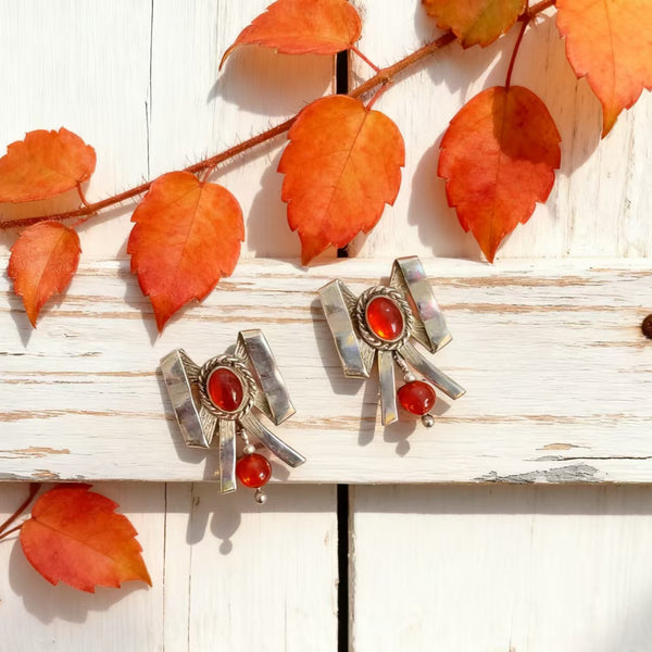 Handmade Bohemian 925 Sterling Silver Tribal Drop Earrings with Red Agate Accents