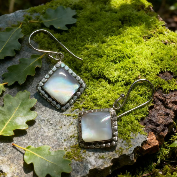 Handmade Bohemian 925 Sterling Silver Geometric Square Dangle Earrings with Moonstone Accents
