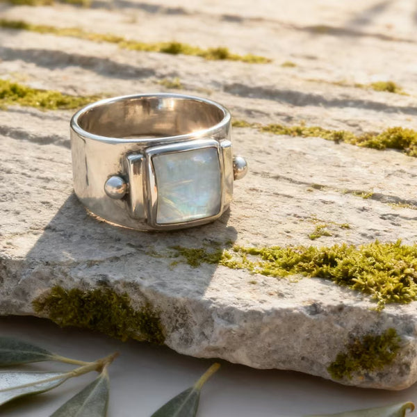 Handmade Bohemian 925 Sterling Silver Geometric Statement Ring with Moonstone Accent