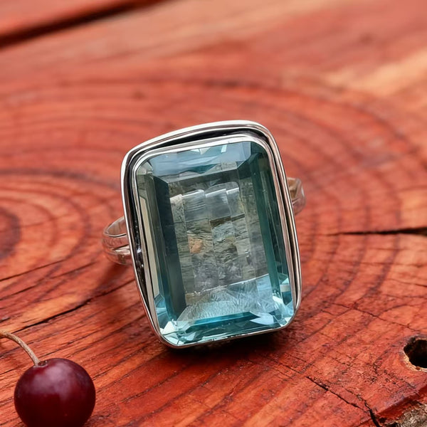 Handmade  925 Sterling Silver Emerald-Cut Blue Topaz Statement women Ring