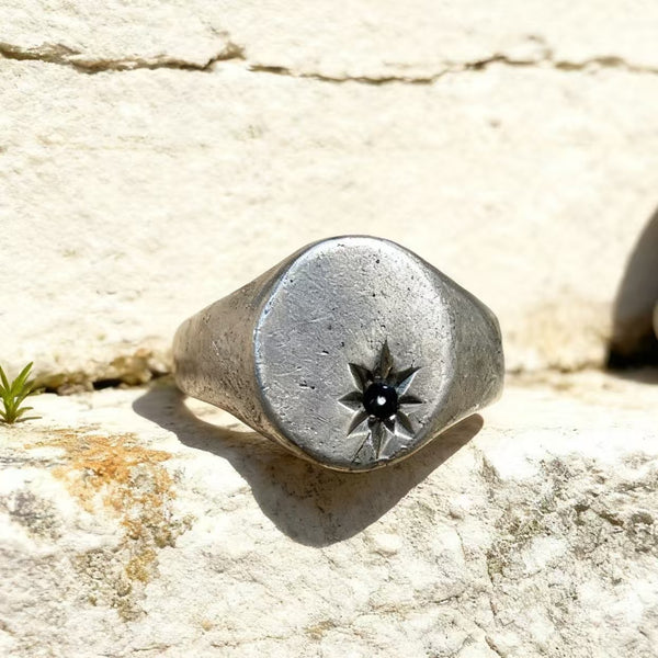 Handmade 925 Sterling Silver Starburst Black Zircon Seal Ring for Women