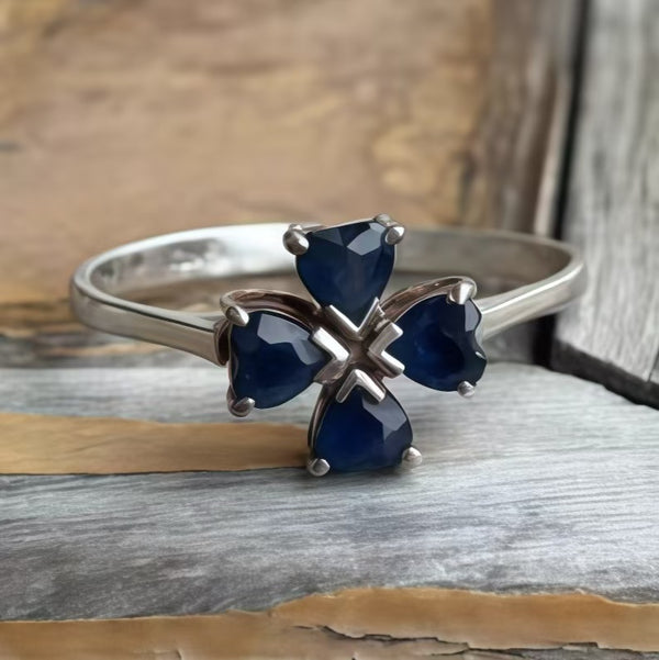 Handmade Bohemian Style 925 Sterling Silver Four-Leaf Clover Blue Crystal Women's Ring