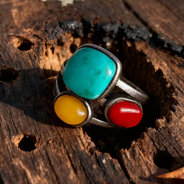 Handmade Adjustable  925 Sterling Silver Multi-Stone Ring with Turquoise, Red Agate, and Amber
