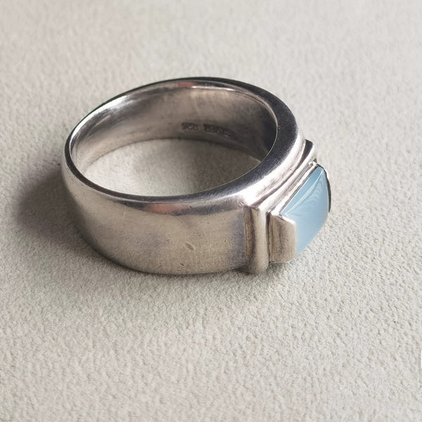 Modern Sterling Silver Ring – Square Blue Stone Minimalist Wide Band Unisex Design