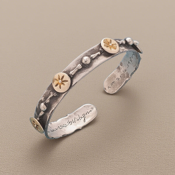 Handcrafted Mixed Metal Cuff Bracelet – Rustic Silver Bangle with Gold Accents and Inspirational Engraving