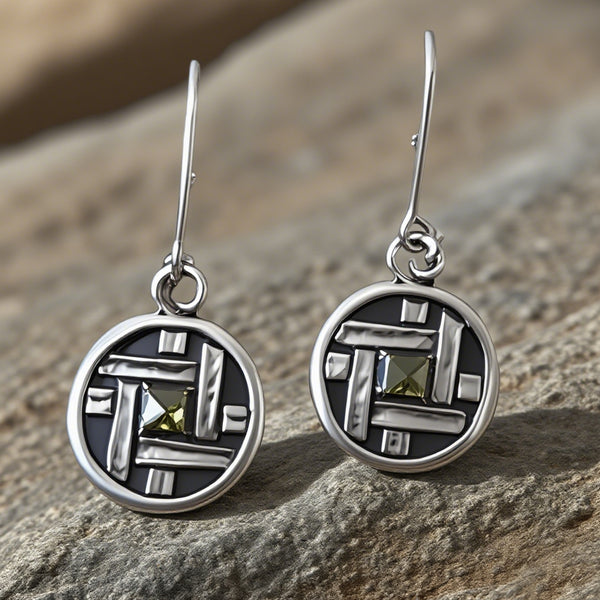 Elegant Geometric Silver Earrings with Green Crystal Inlay