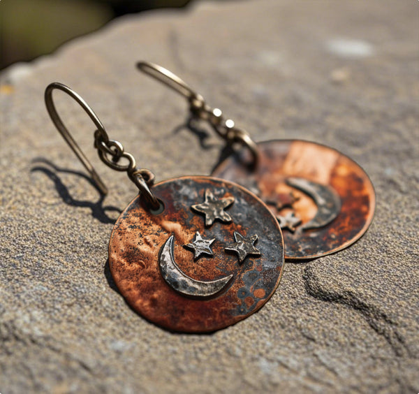 Rustic Copper Earrings – Moon & Stars Handmade Dangle Design