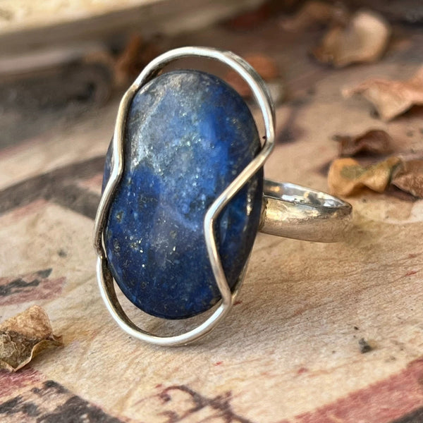 Sterling Silver Wire Wrapped Lapis Lazuli Ring – Handmade Oval Blue Stone Statement Jewelry