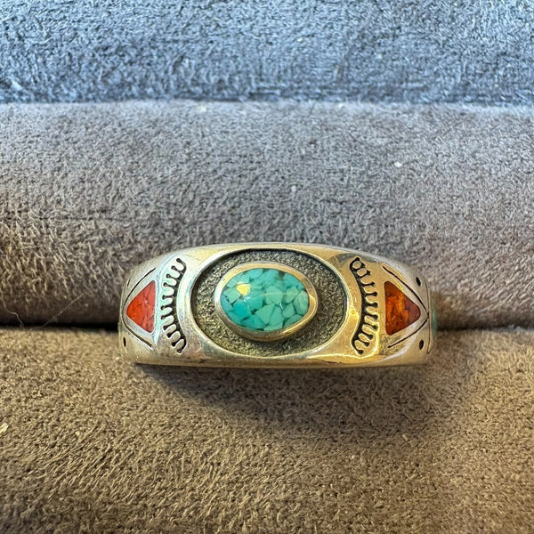 Southwestern Inlay Turquoise & Coral Sterling Silver Ring