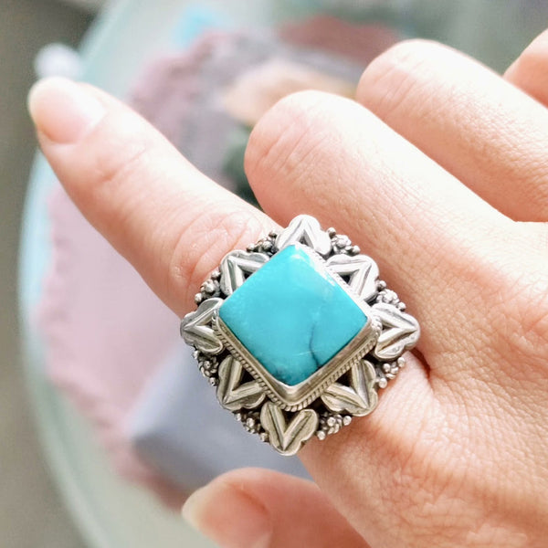 Statement Turquoise Ring – Sterling Silver Boho Vintage-Style Square Gemstone Ring