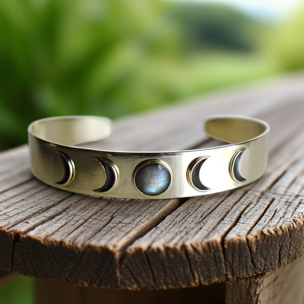 Moon Phase Cuff Bracelet – Gold-Tone Lunar Cycle Bangle with Center Moonstone Cabochon