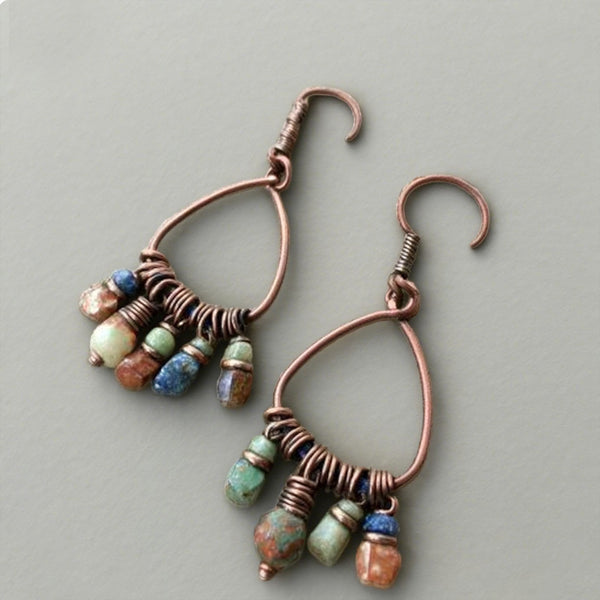Rustic Copper Wire Drop Earrings with Multicolor Stone Beads