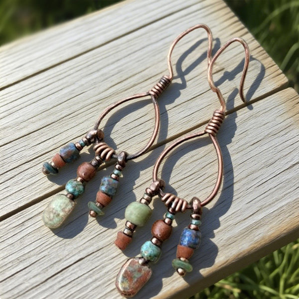 Rustic Copper Teardrop Earrings with Natural Stone Beads