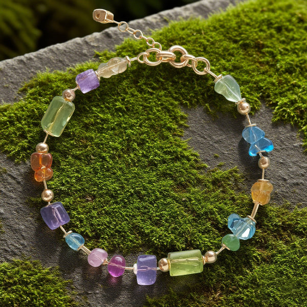 Rainbow Gemstone Beaded Bracelet – Multicolor Natural Stones with Gold Accents, Adjustable Chain