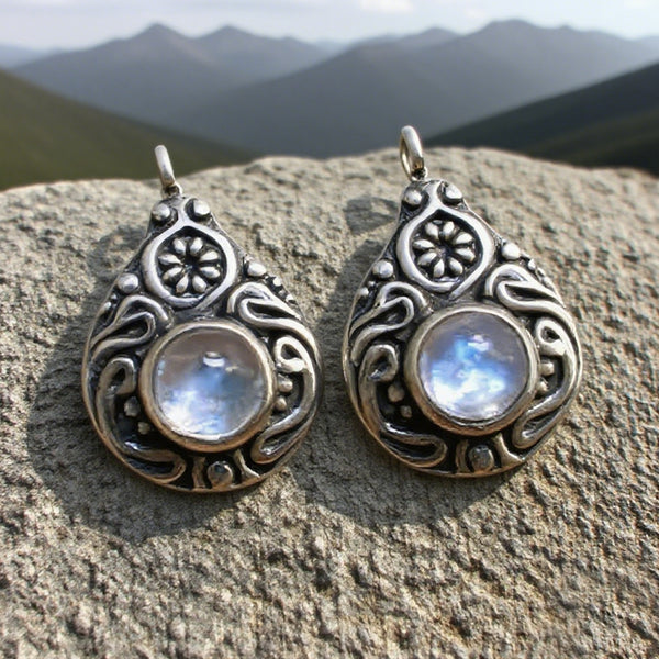 Sterling Silver Moonstone Drop Earrings with Intricate Floral Design