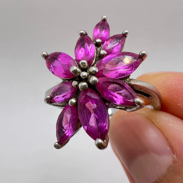 Elegant Pink Marquise Gemstone Flower Ring - Vintage Sterling Silver