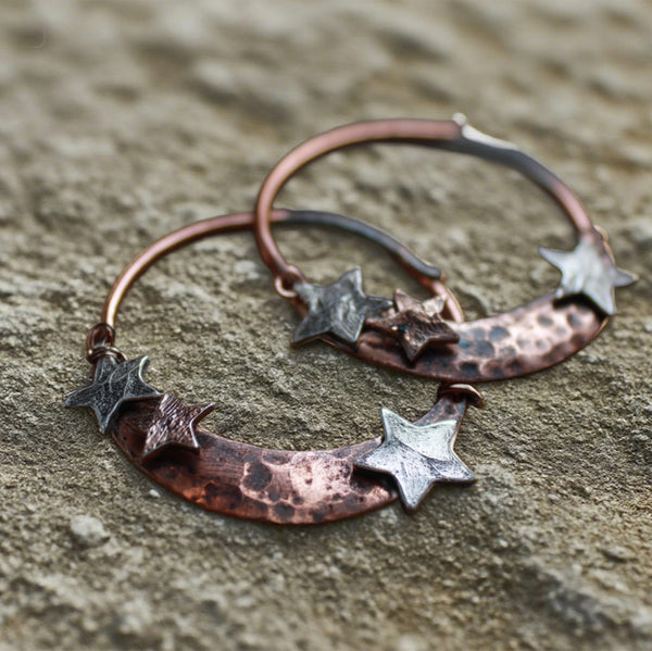 Rustic Hammered Hoop Earrings – Copper with Silver Star Accents