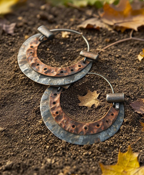 Hammered Hoop Earrings – Vintage Double-Layer Textured Metal Hoops