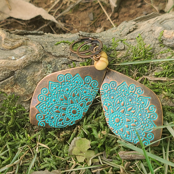 Boho Mandala Drop Earrings – Antique Bronze & Turquoise Engraved Tribal Statement Jewelry