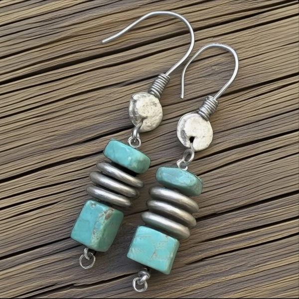 Rustic Turquoise & Metal Spacer Earrings – Handmade Boho Tribal Drop Jewelry