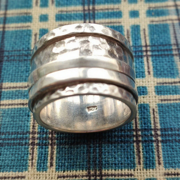 Hammered Sterling Silver Spinner Ring – Wide Band Meditation Ring with Triple Spinning Bands