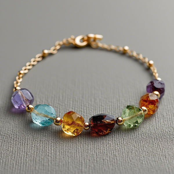 Multicolor Natural Gemstone Bracelet – Handmade Crystal Bead Chain with Gold Plated Clasp