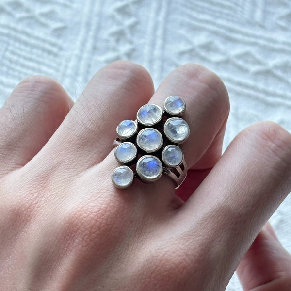 Moonstone Cluster Statement Ring – Sterling Silver Nine-Stone Celestial Goddess Ring