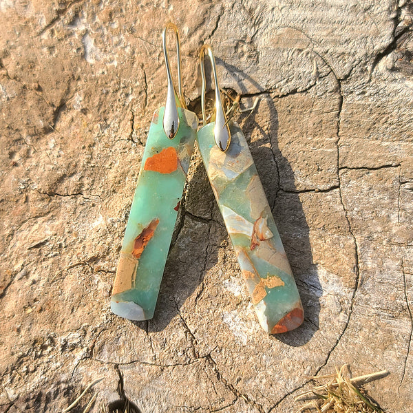 Handmade Resin Earrings – Mint Green & Terracotta Mosaic Rectangular Drop with Gold Hooks