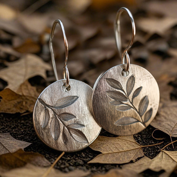 Botanical Etched Disc Earrings – Handcrafted Silver-Tone Leaf Medallion Dangles