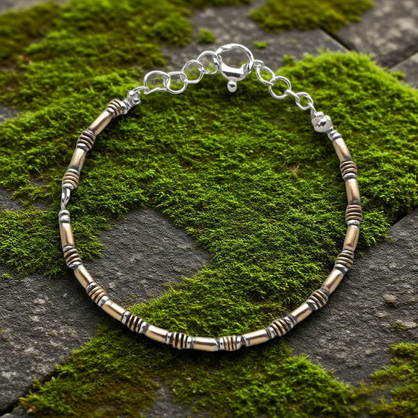 Minimalist Two-Tone Tube Bead Bracelet – Handcrafted Brass & Silver Plated Adjustable Chain for Men & Women