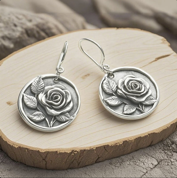 Vintage Rose Medallion Earrings – Antique Silver Floral Drop Earrings