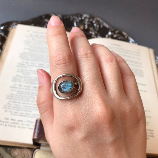 Modern Labradorite Triangle Ring – Sculptural Sterling Silver Open Frame Design