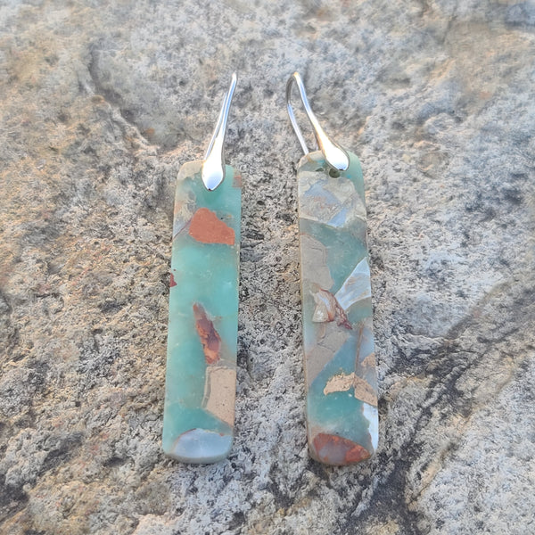 Handmade Sage Green & Earth-Tone Mosaic Resin Earrings – Long Rectangular Drops with Silver Hooks