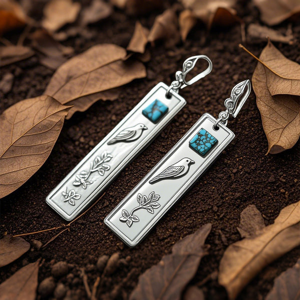 Rustic Bird & Branch Dangle Earrings with Turquoise Accent