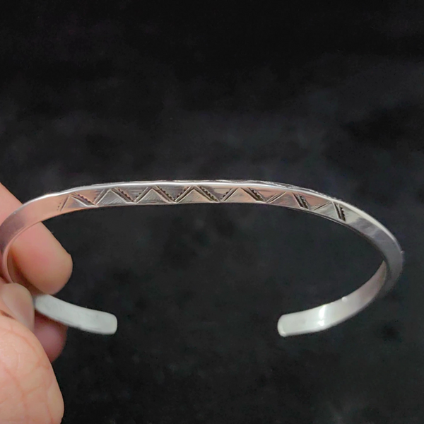 Geometric Engraved Sterling Silver Cuff Bracelet – Minimalist Triangle Pattern Open Bangle for Men and Women