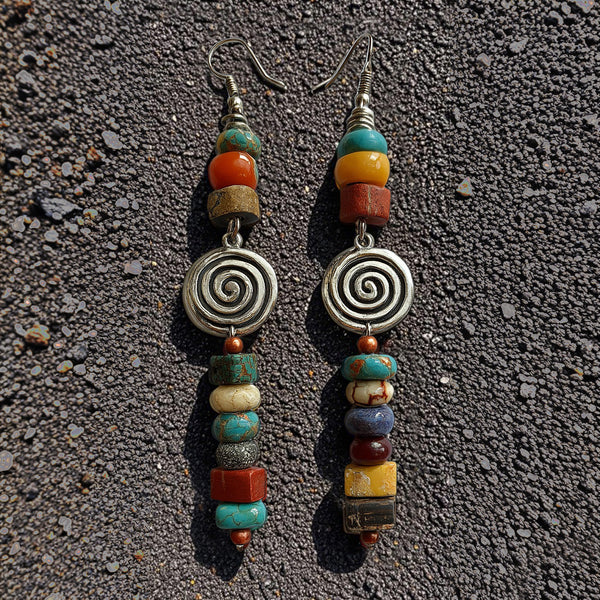 Bohemian Tribal Silver Dangle Earrings – Colorful Stacked Beads & Antique Spiral Design