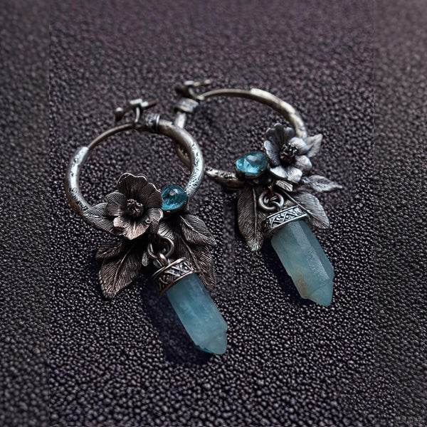 Vintage Floral Crystal Dangle Earrings – Antique Silver Hoop Earrings with Blue Quartz Point and Leaf Detail