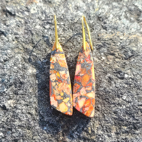 Handcrafted Fiery Orange Mosaic Resin Earrings – Bold Geometric Drop Design with Gold Hooks