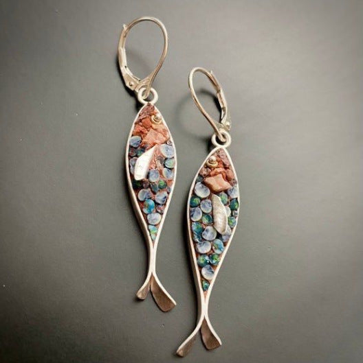 Retro Small Fish Inlaid Turquoise Creative Earrings