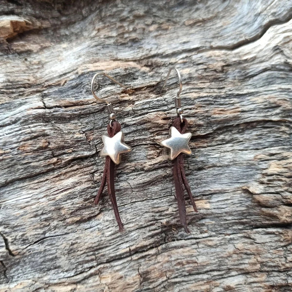 Vintage Stars With Fringed Suede Pendant Earrings