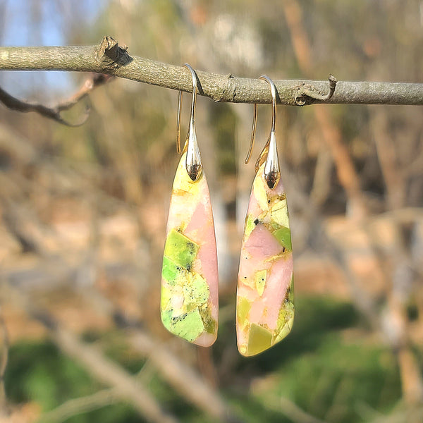Handmade Pink & Lime Green Mosaic Resin Earrings – Pastel Drop Earrings with Silver Hooks