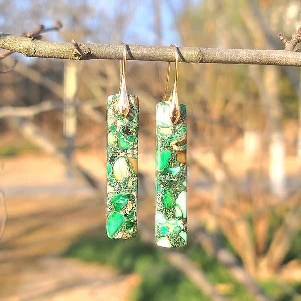 Handcrafted Emerald Green Mosaic Resin Earrings – Nature-Inspired Long Drop Earrings with Gold Hooks